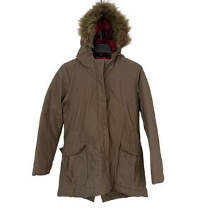 Woolrich Women's Medium Buffalo Plaid Parka Coat Tan Khaki Faux Fur Hood